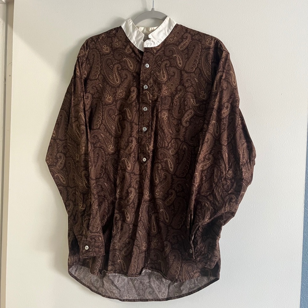 Wah Maker Frontier Clothing Mens Brown Paisley Pullover Band Collar Shirt Medium